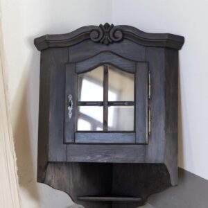Vintage Eckschrank Wandschrank Massivholz Dunkel | Rustikaler Eckhänge-Schrank Vitrine | Landhaus Hängeschrank Holz Restauriert